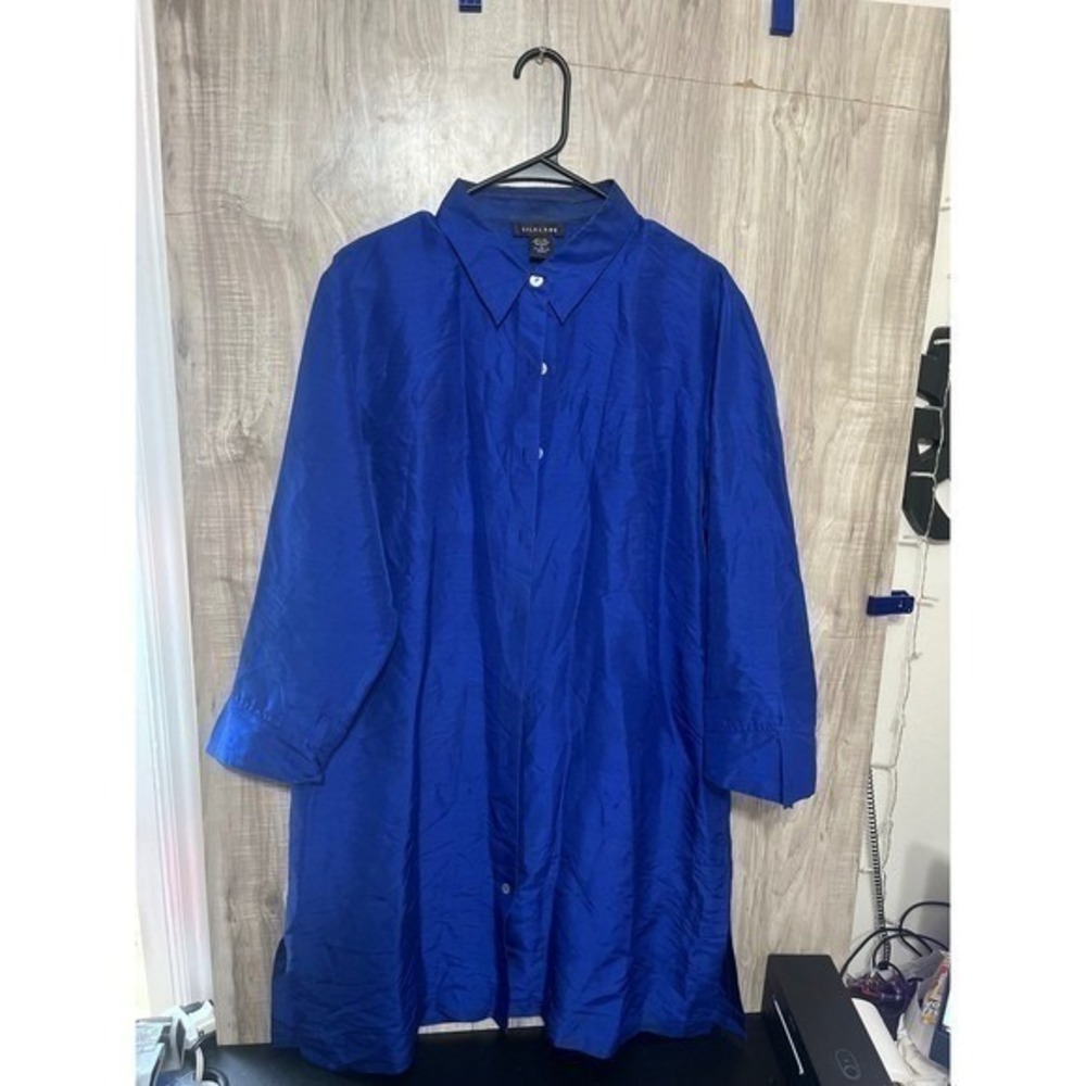 Silkland 100% Silk Royal Blue Button Front Blouse Women's Size XL 3/4 Sleeve